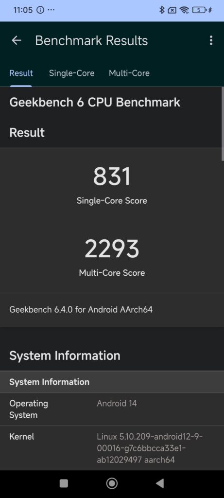 Geekbench score, 831 Single core and 2293 Multi Core.
