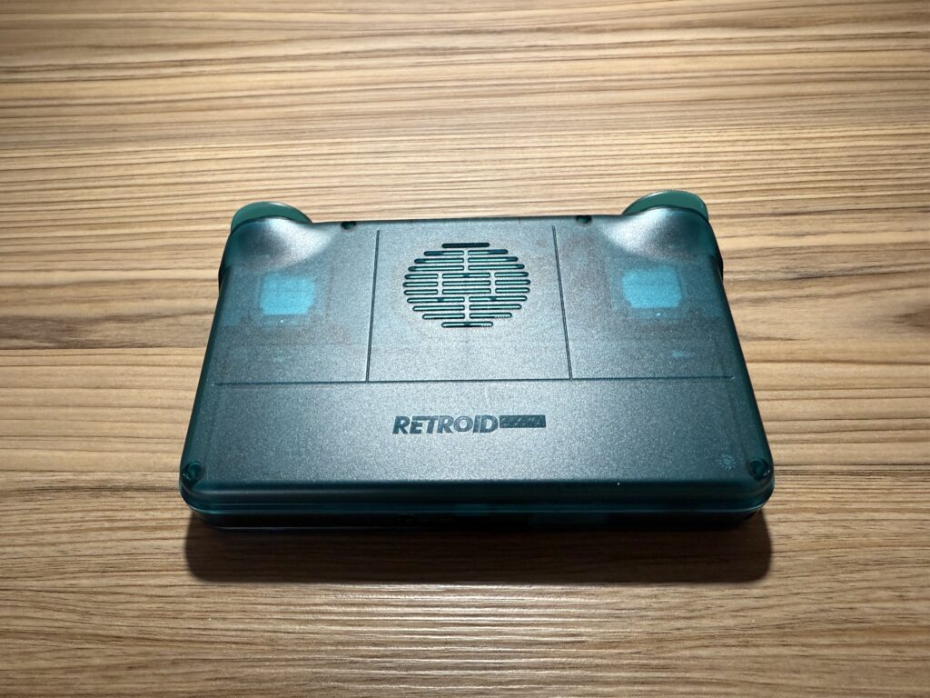 Rear shot of the Retroid Pocket Flip 2 including Retroid logo and Fan vent.