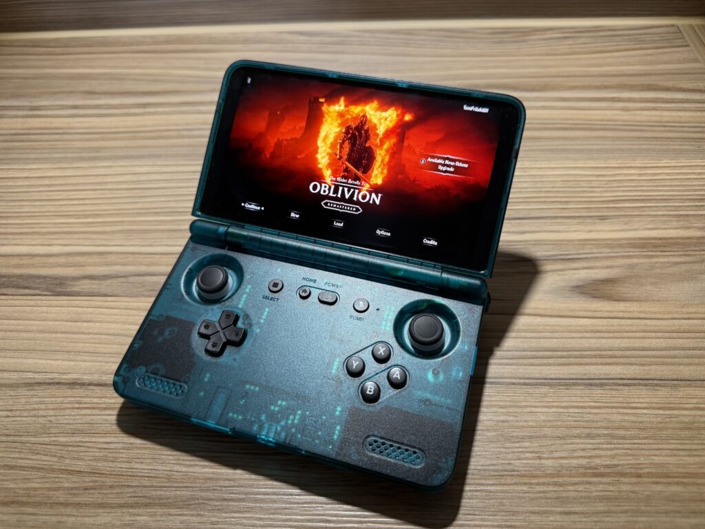 Front facing image of the Retroid Pocket Flip2 including controls and shot of The Elder Scrolls IV Oblivion Remastered