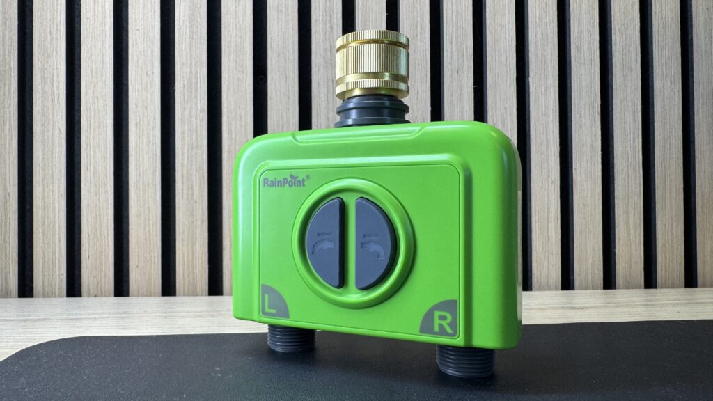The main RainPoint unit in neon green with 2 large buttons on the front.