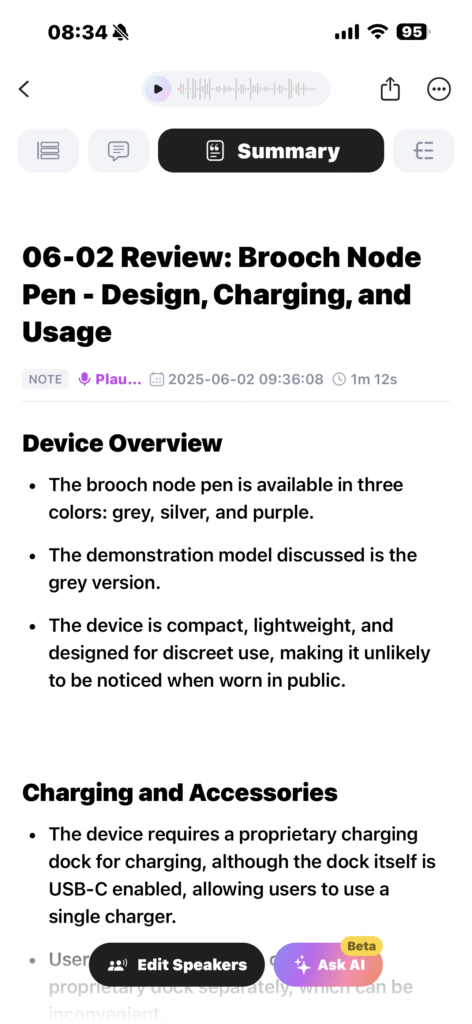 A screenshot of then in app experience showing off 1 a summary of a note taken with tine Plaud device